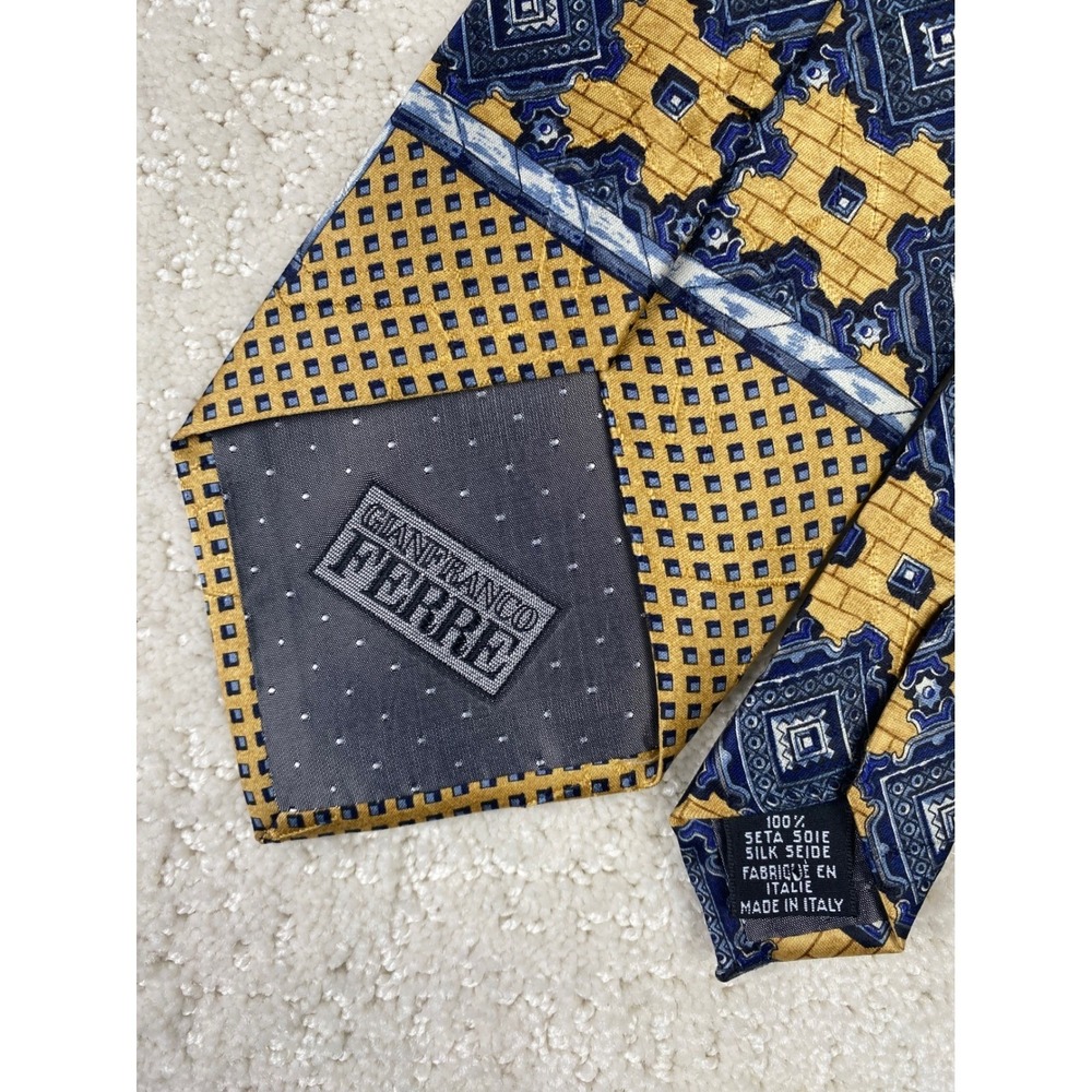 Gianfranco Ferre Necktie Mens OS Blue Gold Silk Diamond Geometric Made in‎ Italy